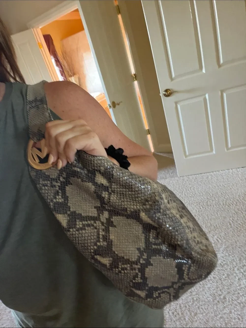 Michael Kors Brown Taupe Snake-Print Shoulder Bag with Gold MK Accent
